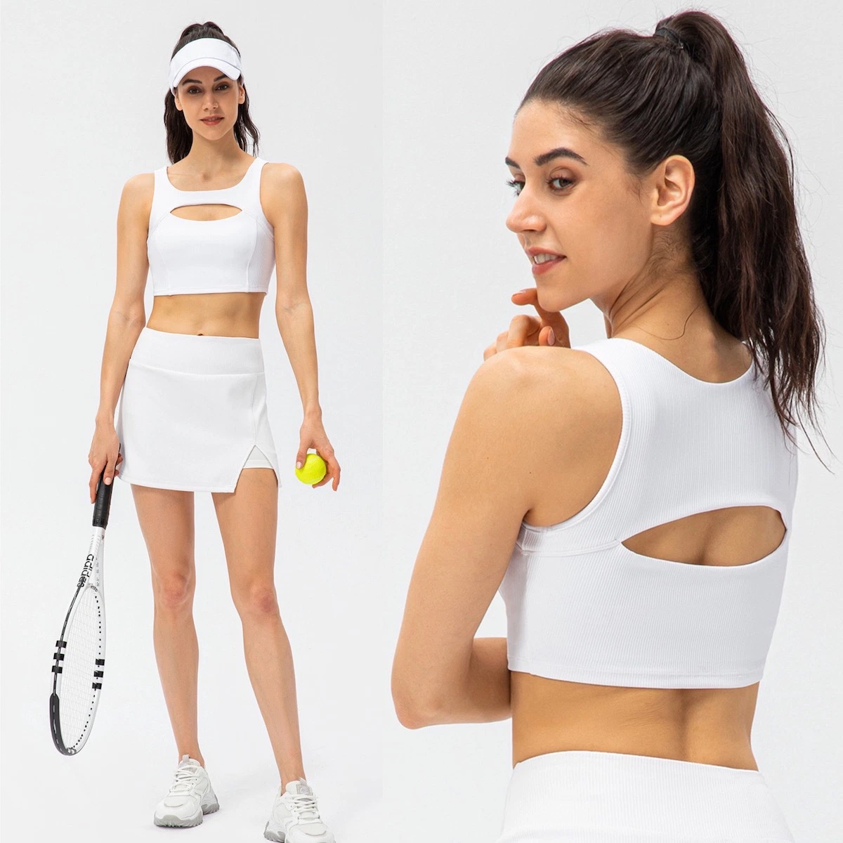 Plus Size Cute Sexy Hollow Design Golf Tennis Running Apparel Ribbed Workout Clothes for Women, Custom Gym Tank Top Bra + Athletic Skirts with Shorts and Pocket