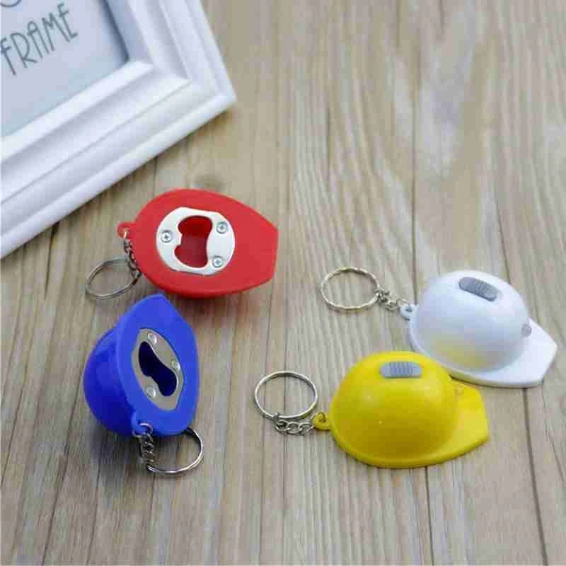 Creative Wholesale Portable Simulation Safety Helmet Beer Cap Bottle Opener LED Plastic Opener Keychain