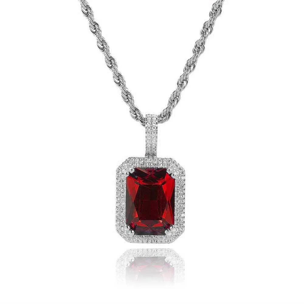 Solid Square Zirconia Pendant Full of Diamonds with Large Colored Stones Necklace