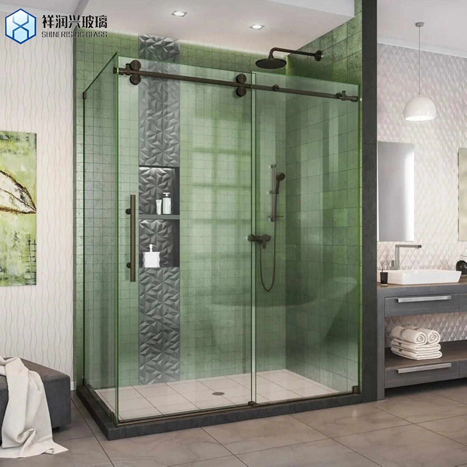 Hotel Bathroom Low Iron Tempered Glass Frameless Sliding Shower Door Glass Bathroom Door