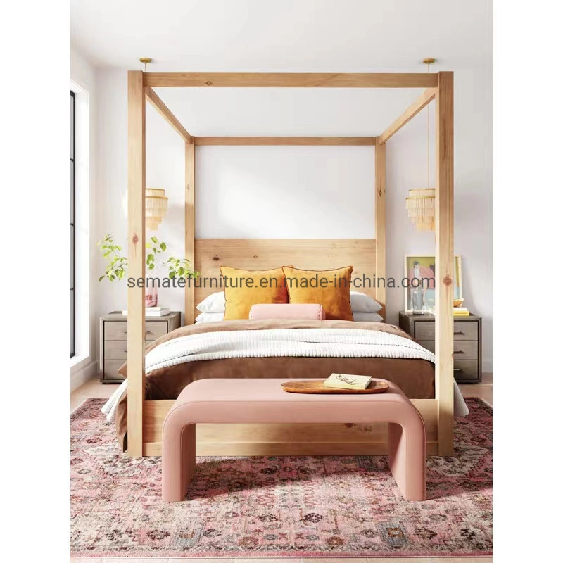 Estilo chino moderno Nordic Lápiz Natural Muebles de dormitorio cama Post Marco de cama con dosel de madera