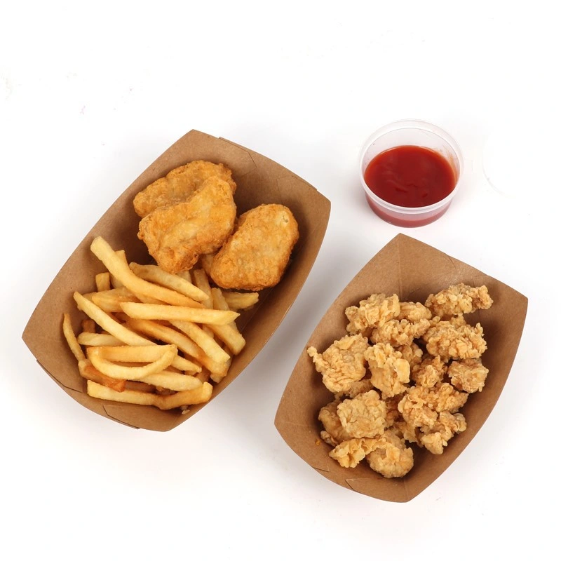 Disposable Kraft Paper Serving Tray Boat Shape Snack French Fries Chicken Salad Take out Containers for Party Food Paper Tray