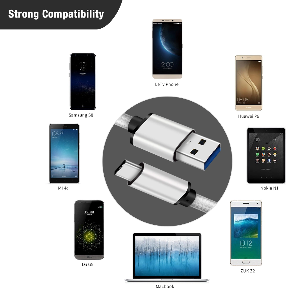 USB 3.0 USB C Fast Charger Cable Support 3A Fast Charging and 5gbps Data Transfer with Nylon Braided and Aluminum Case