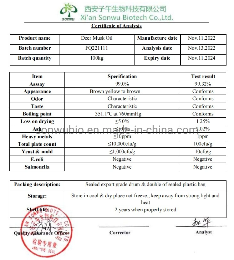 Poudre pure d'alimentation Sonwu Musc / Huile Huile essentielle de l'huile de musc des cerfs