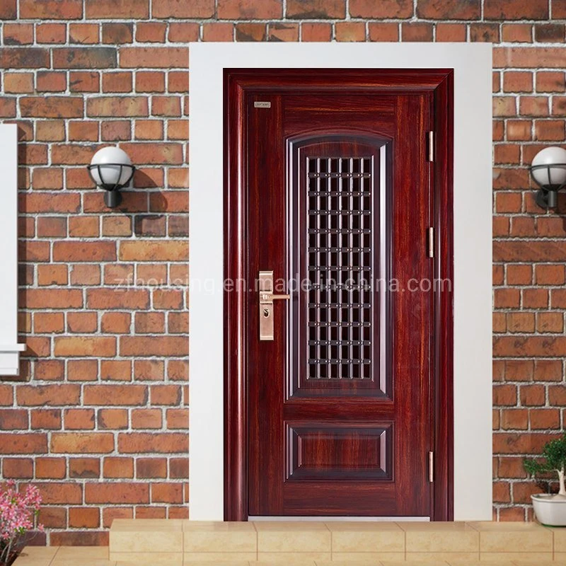 Wooden Color Single Steel Security Door with Metal Screen for Resident Home Zf -Ds-007