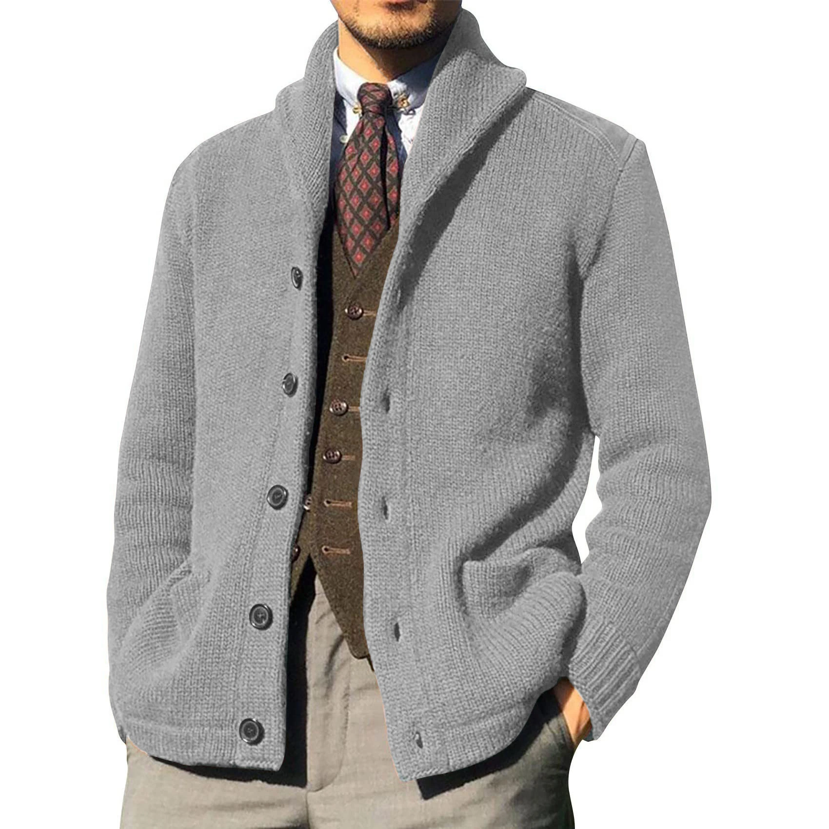 Men's Single Breasted Button Knitted Cardigan Winter Stand Collar British Style Sweater Coats