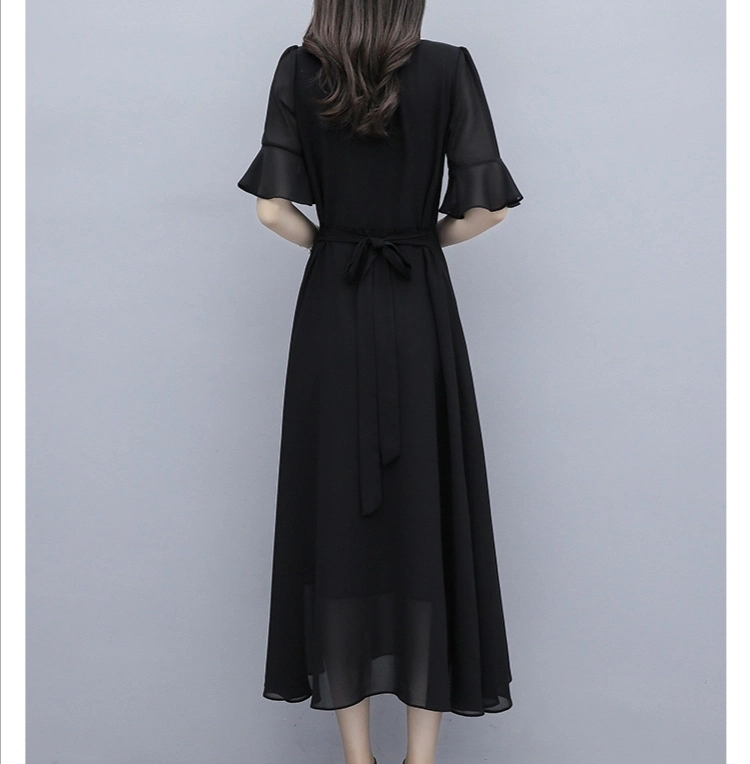 2023 Summer New Style Temperament Thin Hepburn Style V-Neck Short Sleeve Black Chiffon Dress