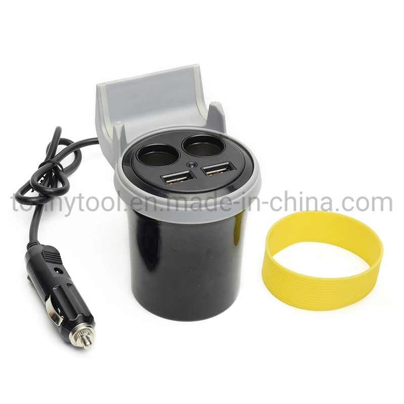 Car Charger, Cigarette Lighter Adapter with 2-Socket Outlet, Dual USB 5V 3.1A, Cup Holder, Digital Display Screen