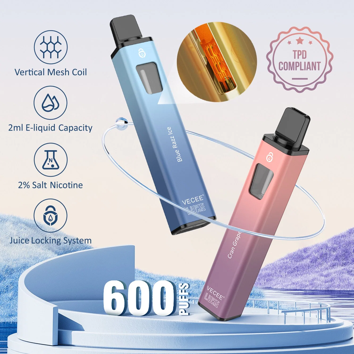 New Arrival Vecee 600puffs 2ml Factory Wholesale/Supplier Tpd CE RoHS Certificate Electronic Cigarette Disposable/Chargeable Vape Pen Battery
