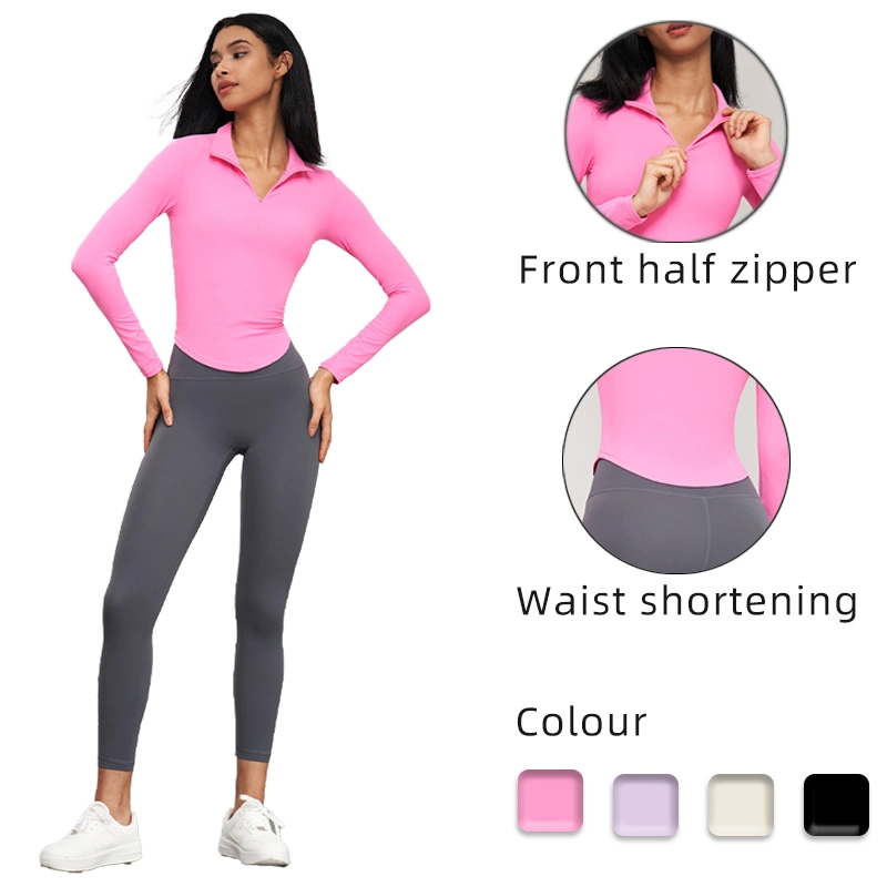 Nova gola com fecho até meio blusão de ioga para mulher SKINTIGHT Blazer Cintura Slimming Fitness Wear mangas compridas