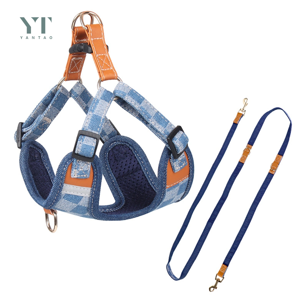 Hot Selling Ins High quality/High cost performance  Custom Logo Pet Harness Luxury Fashion Adjustable No Pull Soft Mesh Padded Harness Extended Leash Denim Pet Dog Harness Set