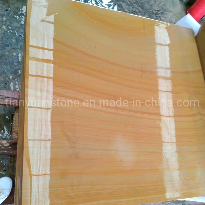 Natural Stone Yellow Wood Vein Sandstone in Polished Surface for Stairs and Steps