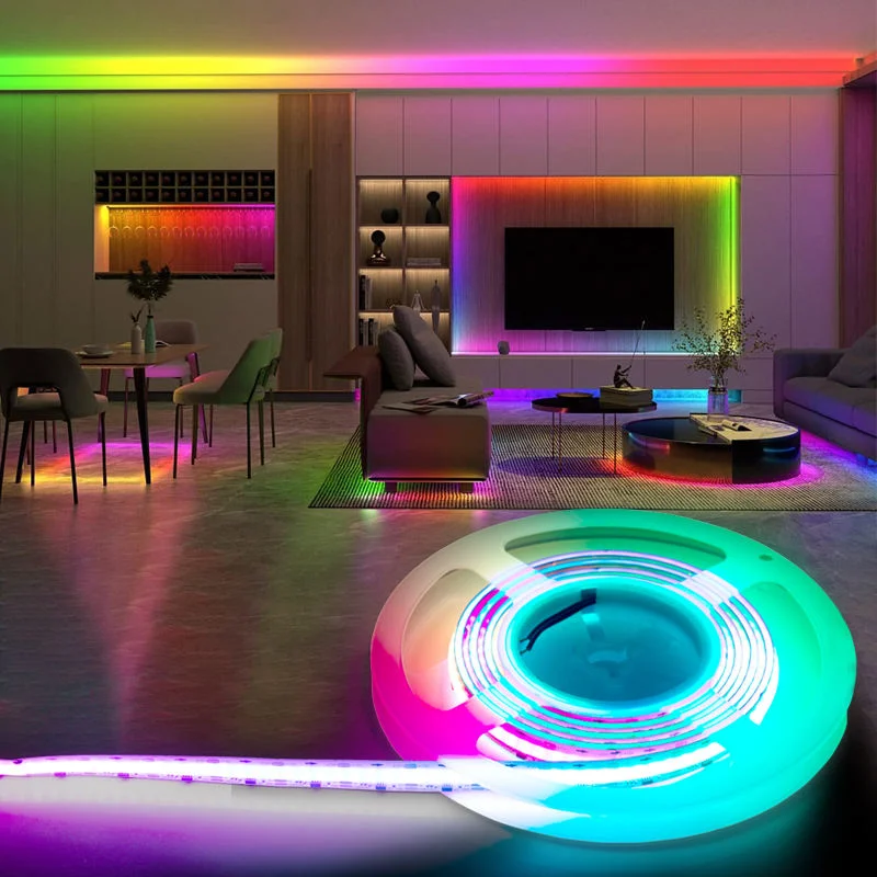 China fábrica COB LED Strip Lighting DC 24V RGB brilhante Fita de fita LED de 8 mm de largura IP65 flexível para baixo consumo de energia Lâmpada LED de faixa para interior