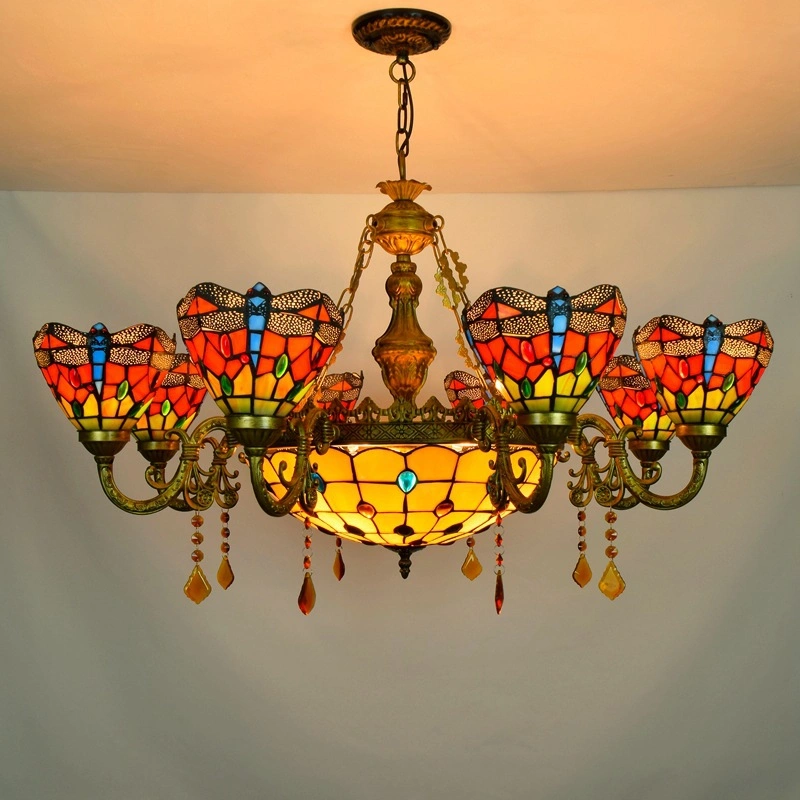 Tiffany libélula de techo lámpara de araña de loros con Vidrieras lámpara