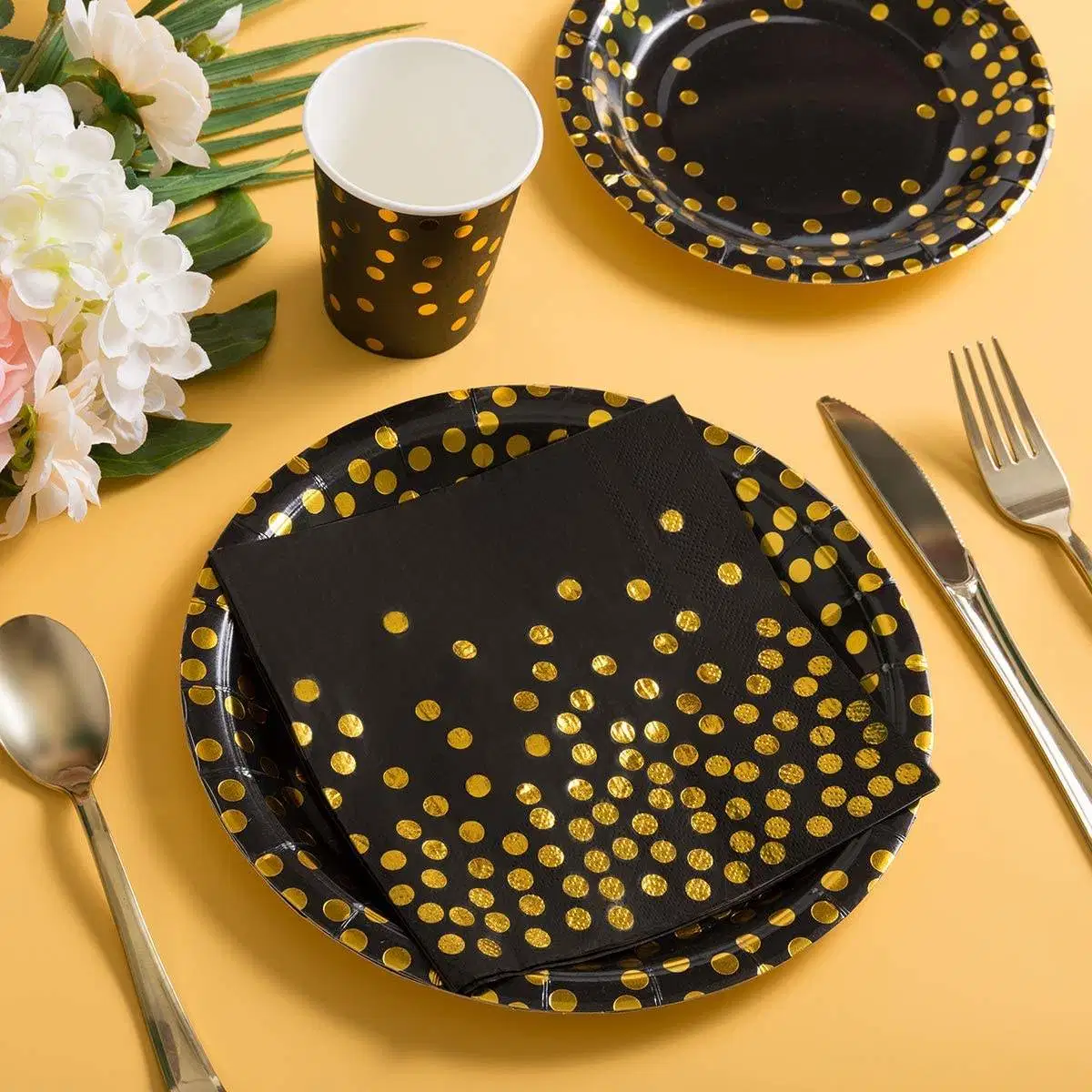 Gold Paper Plates Napkins Cups with Gold Plastic Tableware Sets