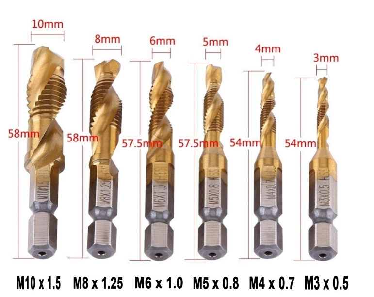 6 PCS 1/4" HSS Spiral Hex Shank Combination Drill Screw Tap Bit Set (M3-M10) with Automatic Spring Loaded Center Punch Tool