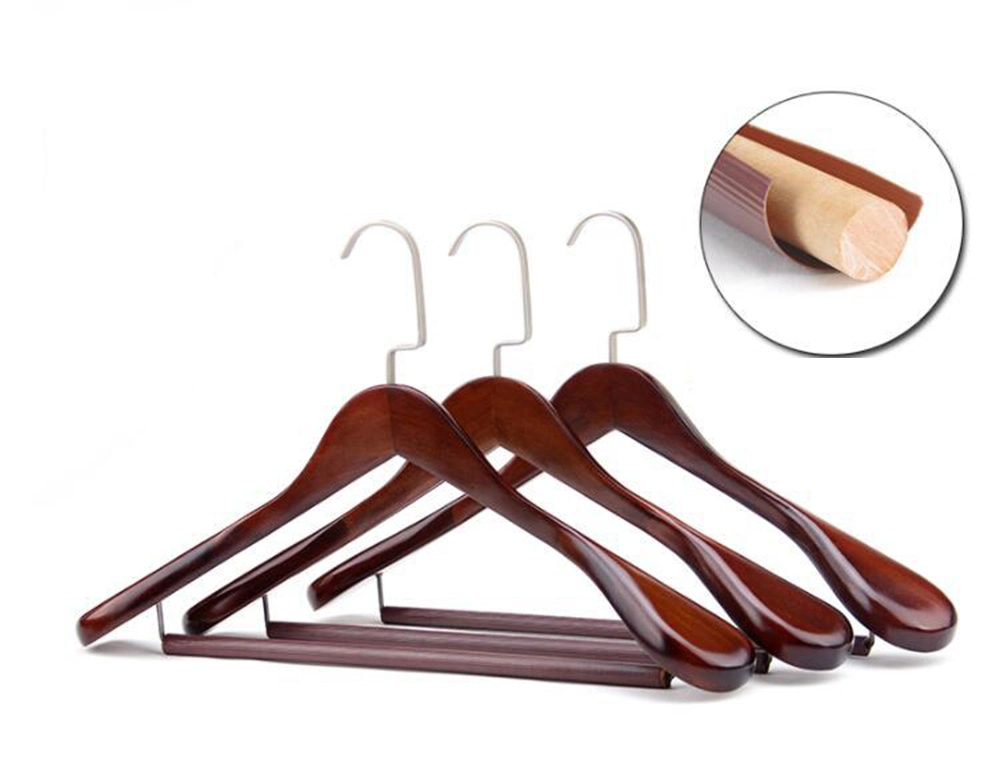 Wooden Top Clothes Hangers in Natural/Brown with Extra Wide Shoulders and Non Slip Bar for Suits/Coats