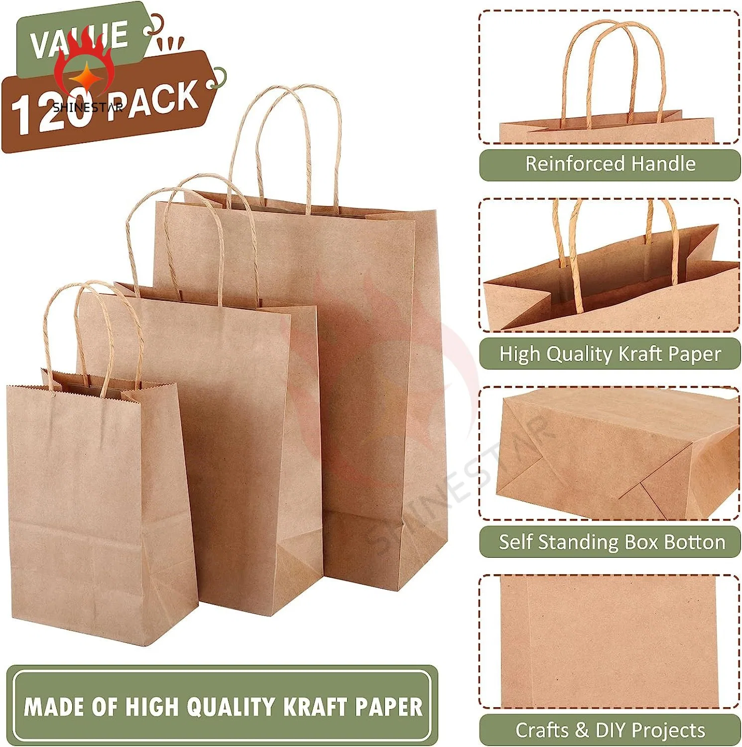 Brown Paper Bags with Handles Mixed Size Gift Bulk, Kraft Paper Stand up Packaging for Business, Shopping