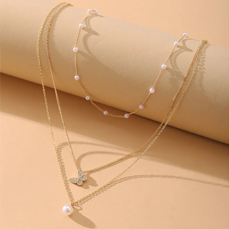 Hot Butterfly Pearl Pendant Choker Necklace Multilayers Gift Jewelry