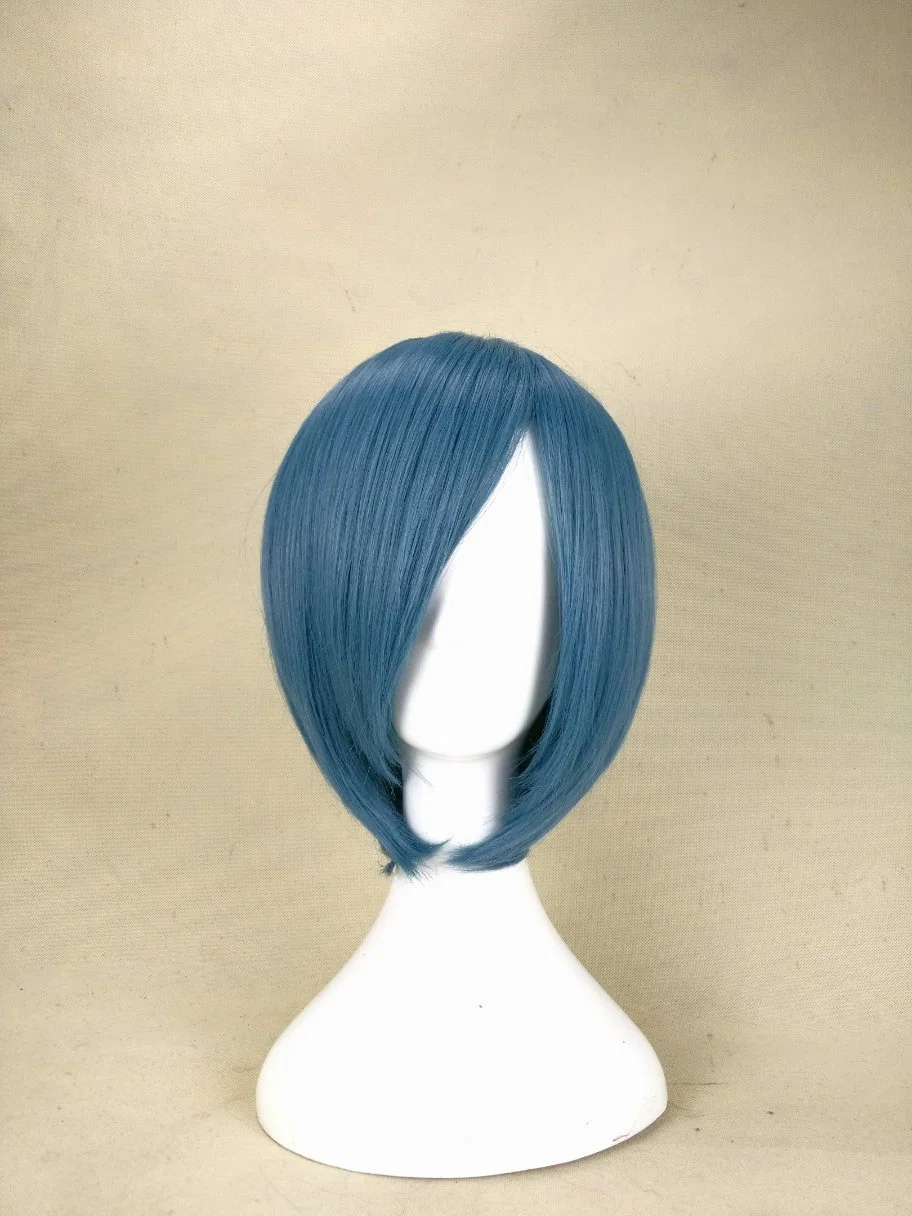 Anime Short Straight Hair Side Parting Blue Wig Student Cosplay Fluffy Realistic Synthetic Wig