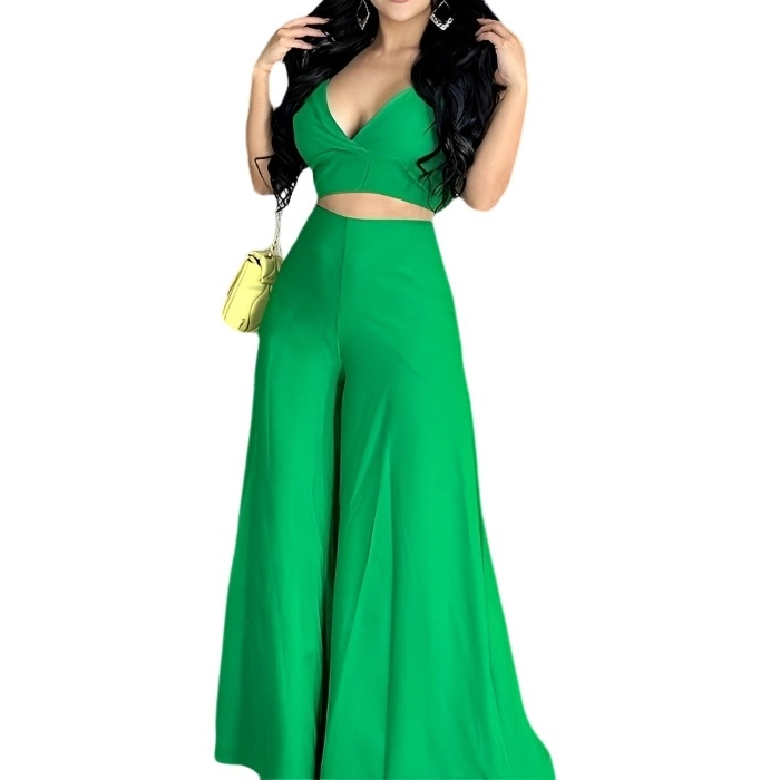 2023 New Design Spring 2 Piece Set Solid Color High Waist Wide Leg Pants Set with Pocket Casual Women's Set