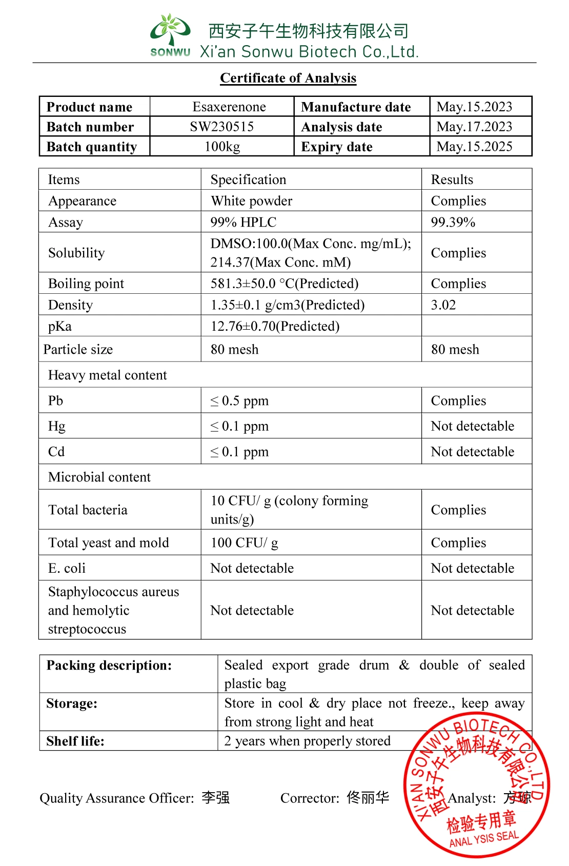 Sonwu Supply Pharmaceutical Chemicals CAS 1632006-28-0 Esaxerenone