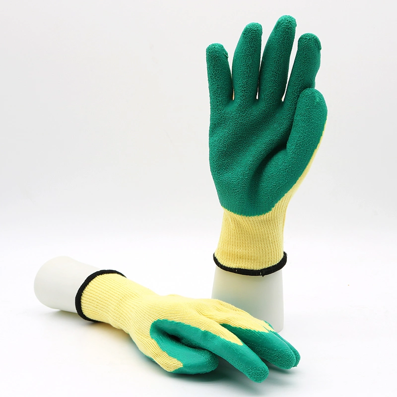 CE En 388 Custom Logo 21gauge 5 Yarns Cotton Liner Anti Slip Oil Chemical Resistant Green Latex Industrial Work Safety Gloves