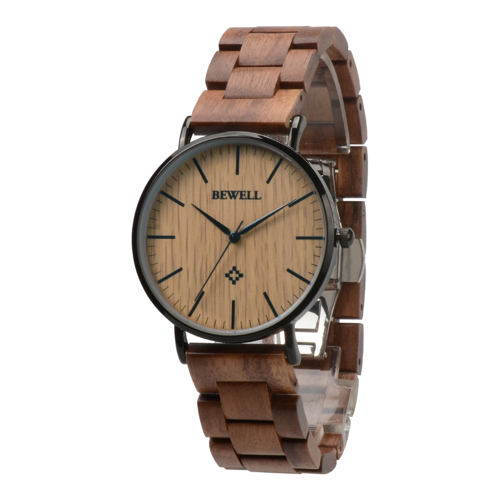 Bewell on Sales Fashion Minimalist Couple Watch Custom Logo Ss Wrist Watch with Wood Wristband