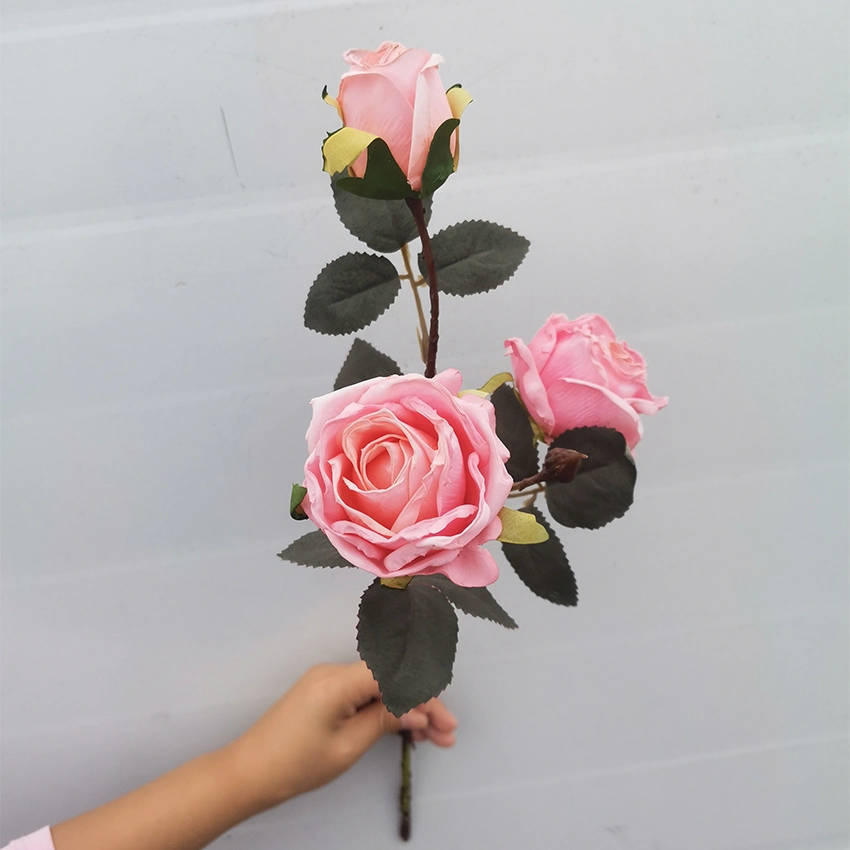 Luxo artesanais Flor de seda 3 Chefes Artificial flor rosa para decoração de casamento