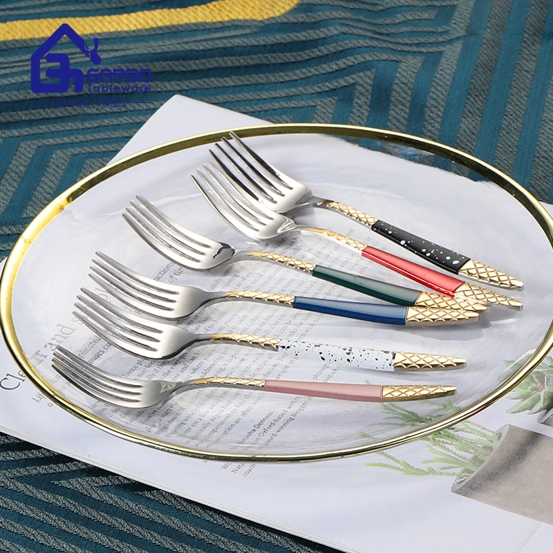 Flatware Manufacturer 201 Stainless Steel Dinner Fork Silver Cutlery Gold E-Plated Handle Fork for Wholesale