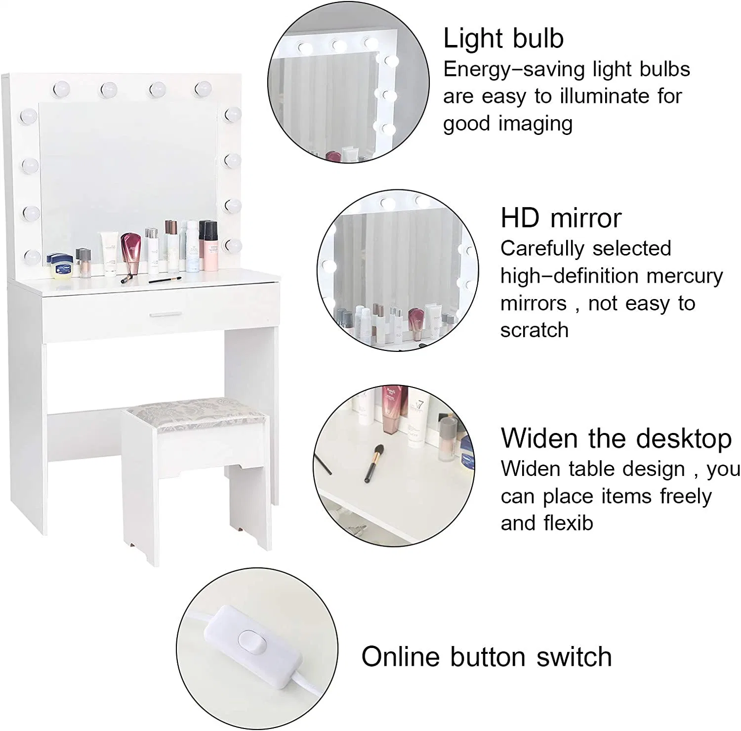 White Makeup Vanity Dressing Table Dresser Desk Vanity Table with Lights Large Drawer for Bedroom