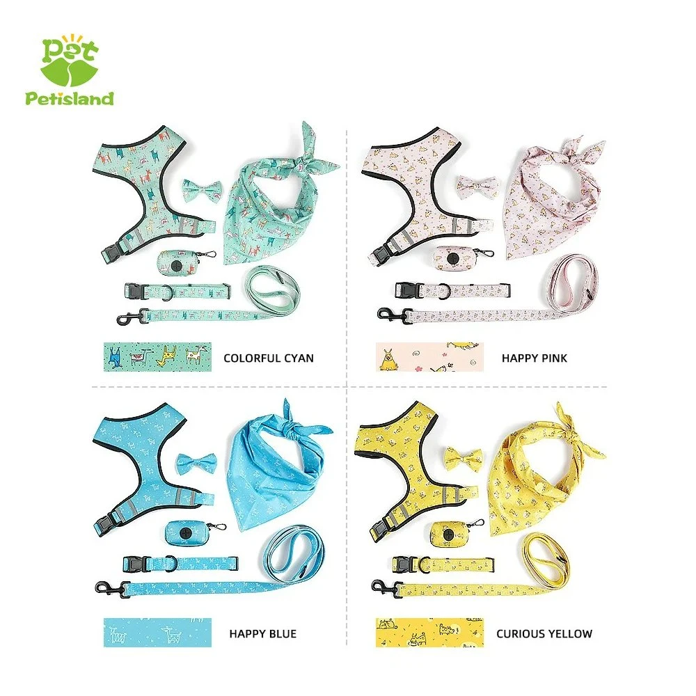 Pet Accessories 6 in 1 Set Neoprene Custom Pattern Printing Polyester Dog Harnees/ Collar/ Bowtie/ Poo Bag/ Bandana/ Leash