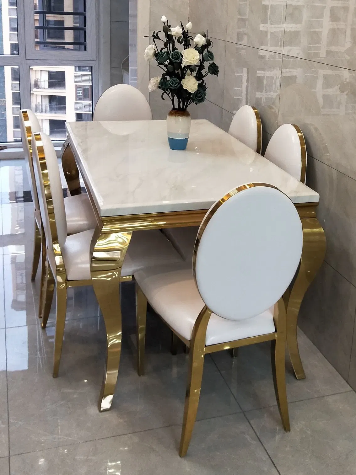 Luxury Italian Dinner Table and Chair Stainless Steel Leg Marble Top Modern Dining Table Set