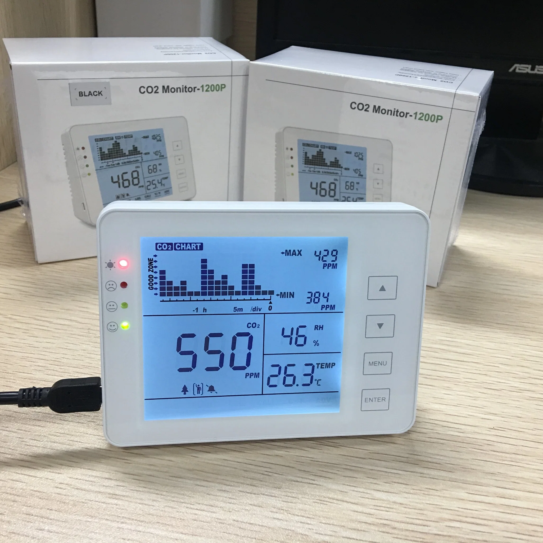 Indoor Air Quality Monitor CO2 Monitor USB/Battery Powered for CO2, C/F, Humidity Carbon Dioxide Detector