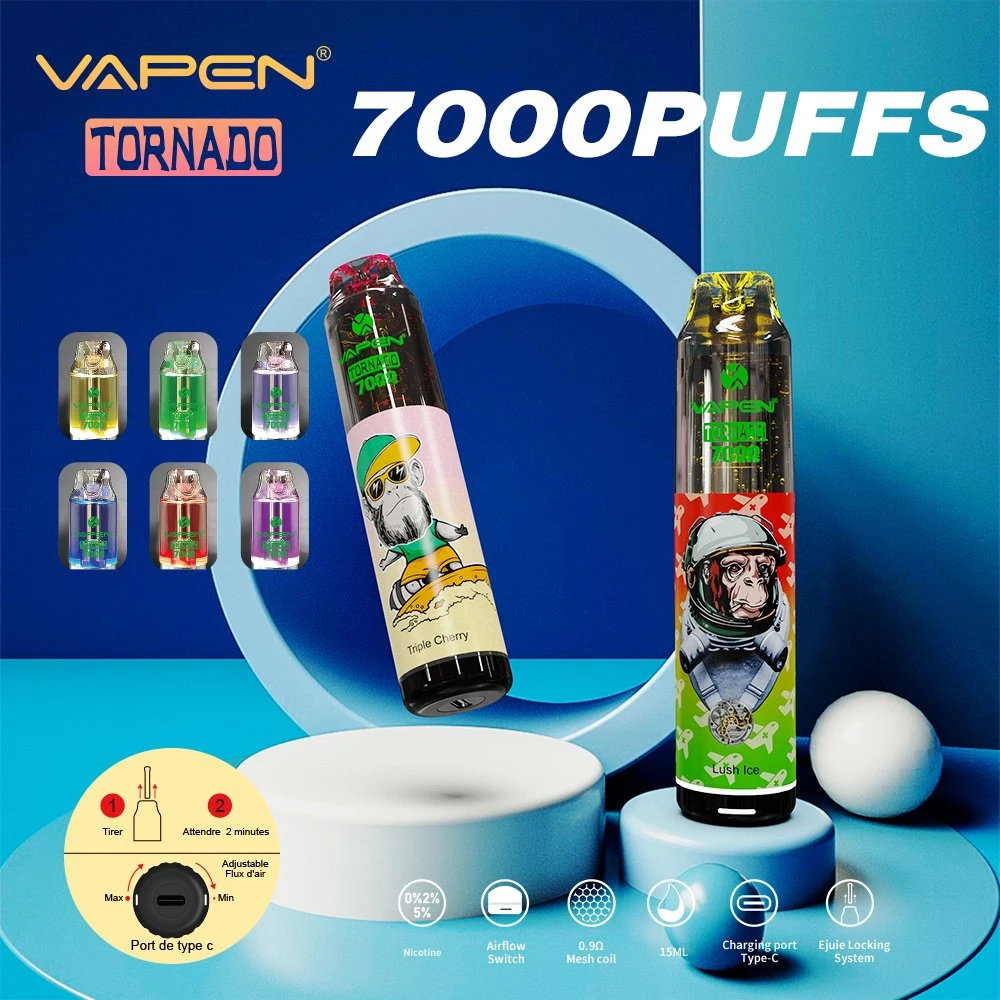 Vapen Tornado 7000 s السجائر الإلكترونية جهاز القرود 15 مل سعة 850 مللي أمبير/ساعة مفتاح تدفق الهواء LED مصباح الشبكة العنكبوتية 0% 2% 5% راندم 7000 بوف