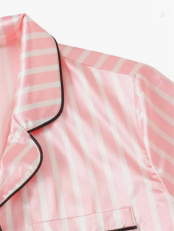 Camisola e calções de manga curta de manga curta com nightwear acetinada para mulher ′ S. Pajama conjunto com sensação suave e confortável