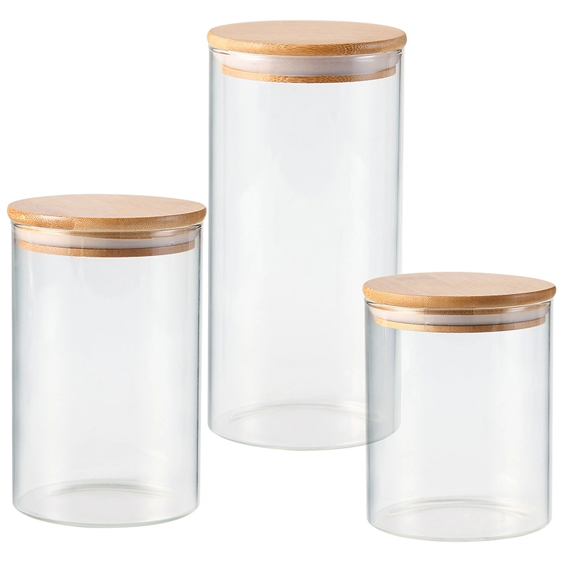 Handmade Borosilicate Candy Foods Rubber Sealed Wooden Lid Airtight Storage Containers Glass Jar with Bamboo Lid