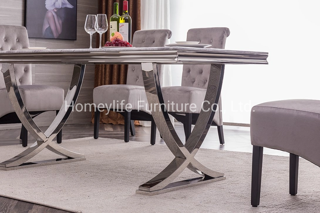 Contemporary Furniture Double Cross Stainless Steel Base Marble Top Dining Table