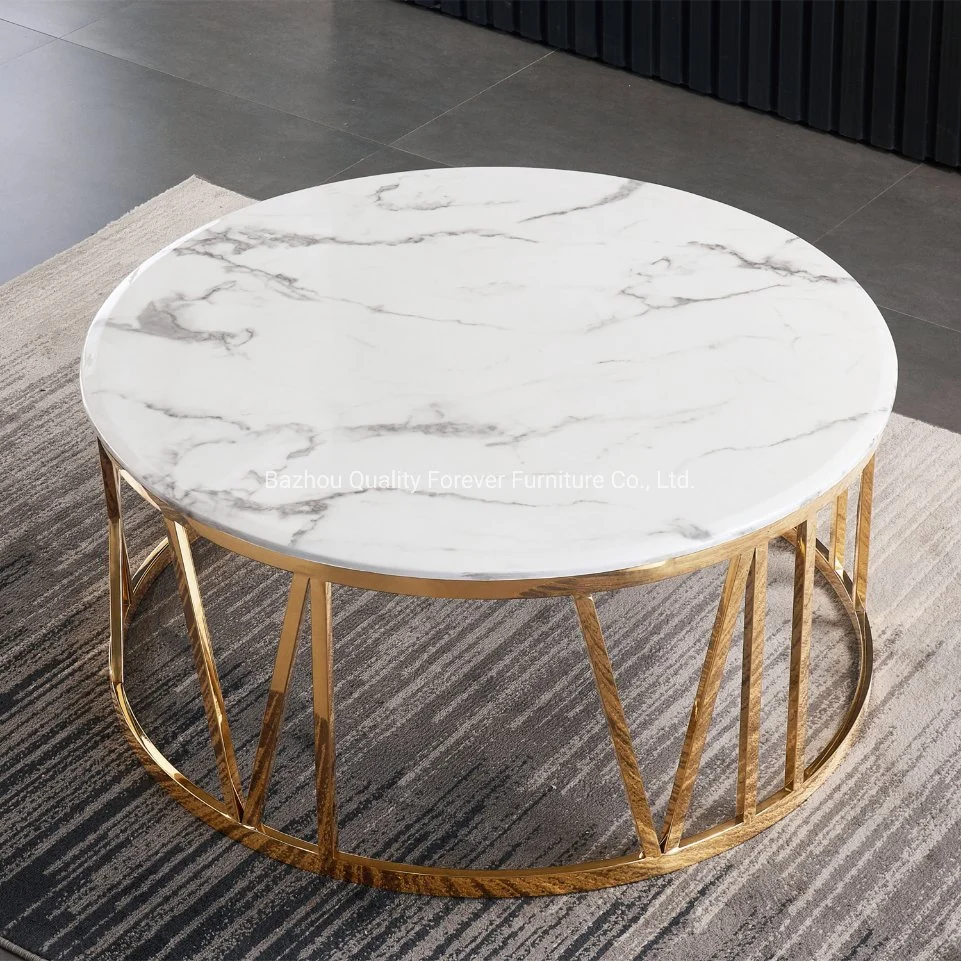 Meuble de salon moderne Table basse centrale en acier inoxydable doré et marbre blanc