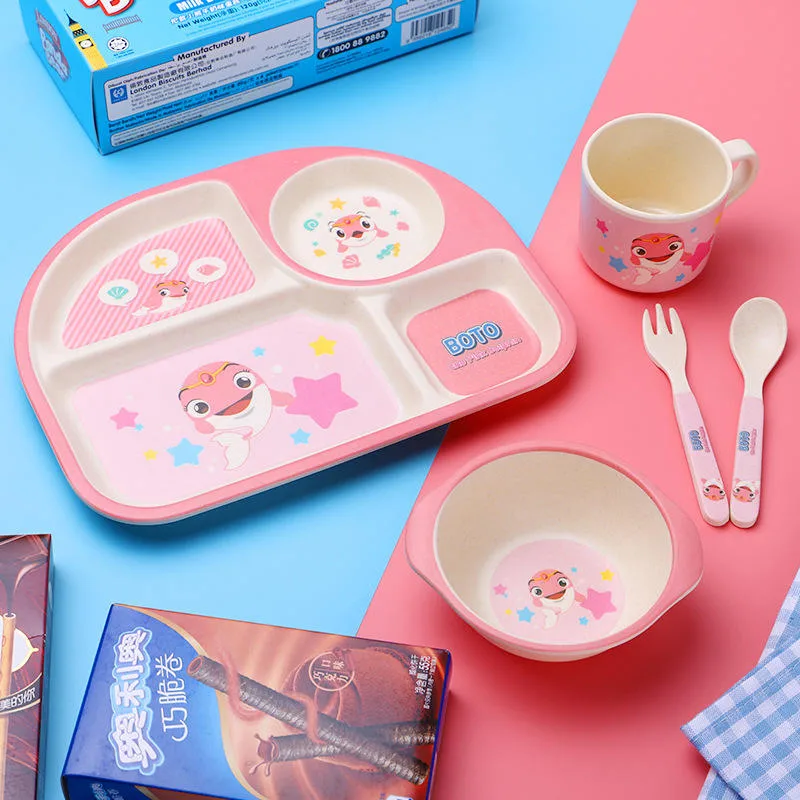 BPA Free Eco-Friendly Cartoon Children Tableware Set Bamboo Fiber Tableware Dinnerware for Kids