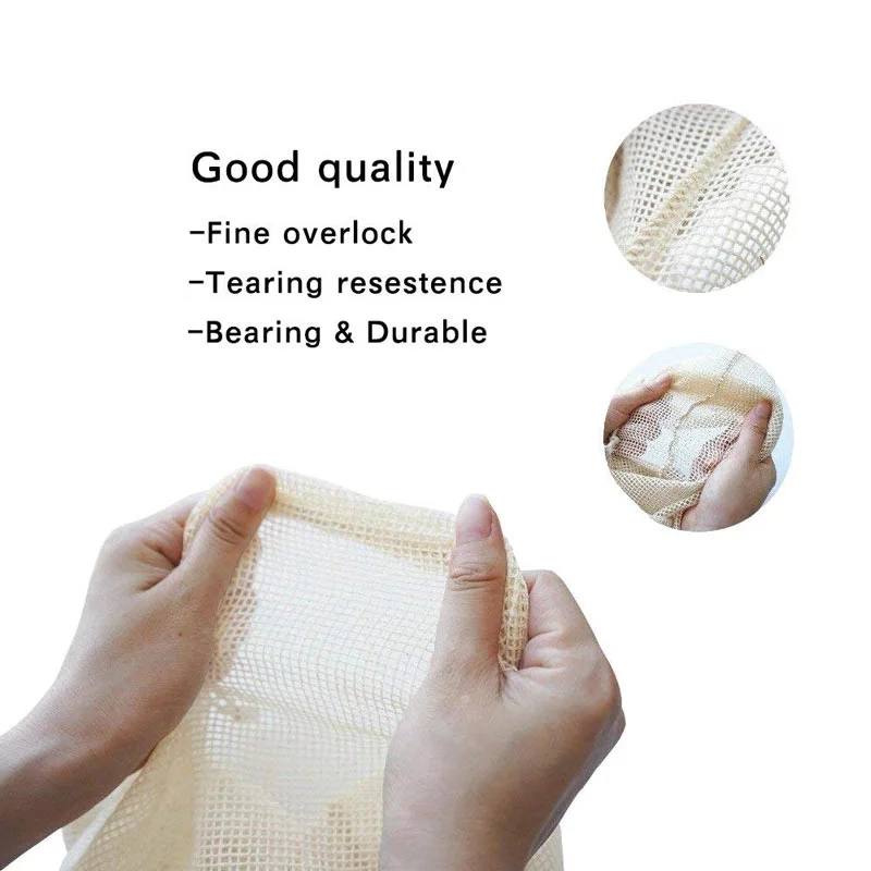 Fruit Vegetable Organic Natural Cotton Mesh Net Bags with Drawstring