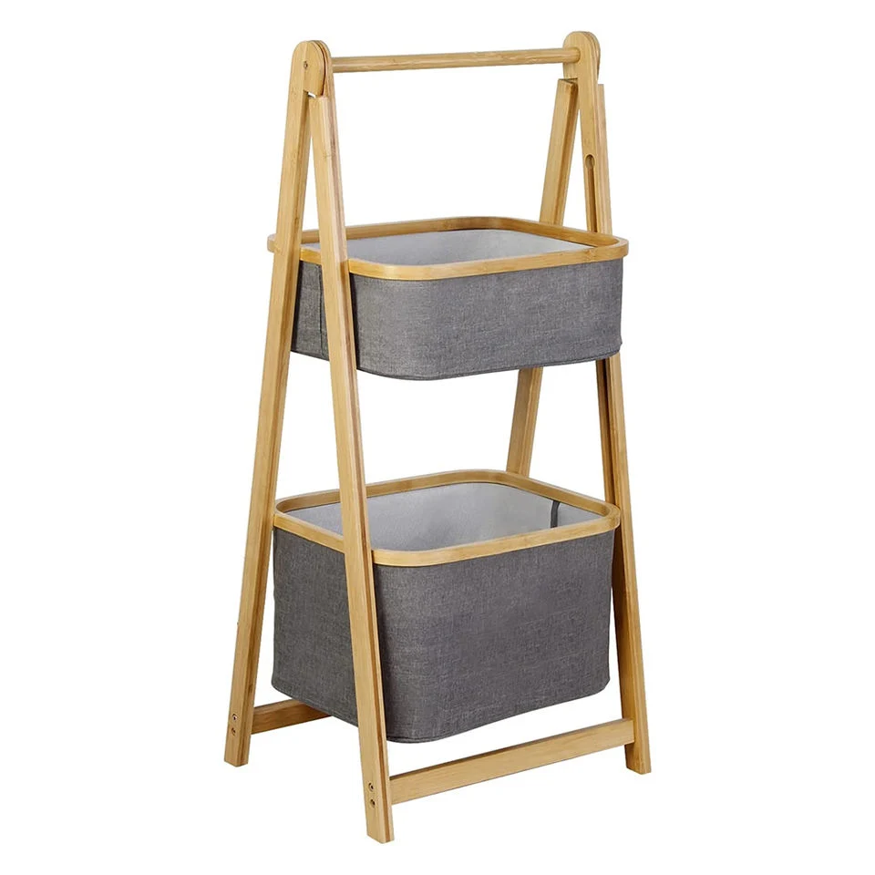 Two Layer Bamboo Foldable Laundry Rack for Simple Storage and Space Saving Storage Basket