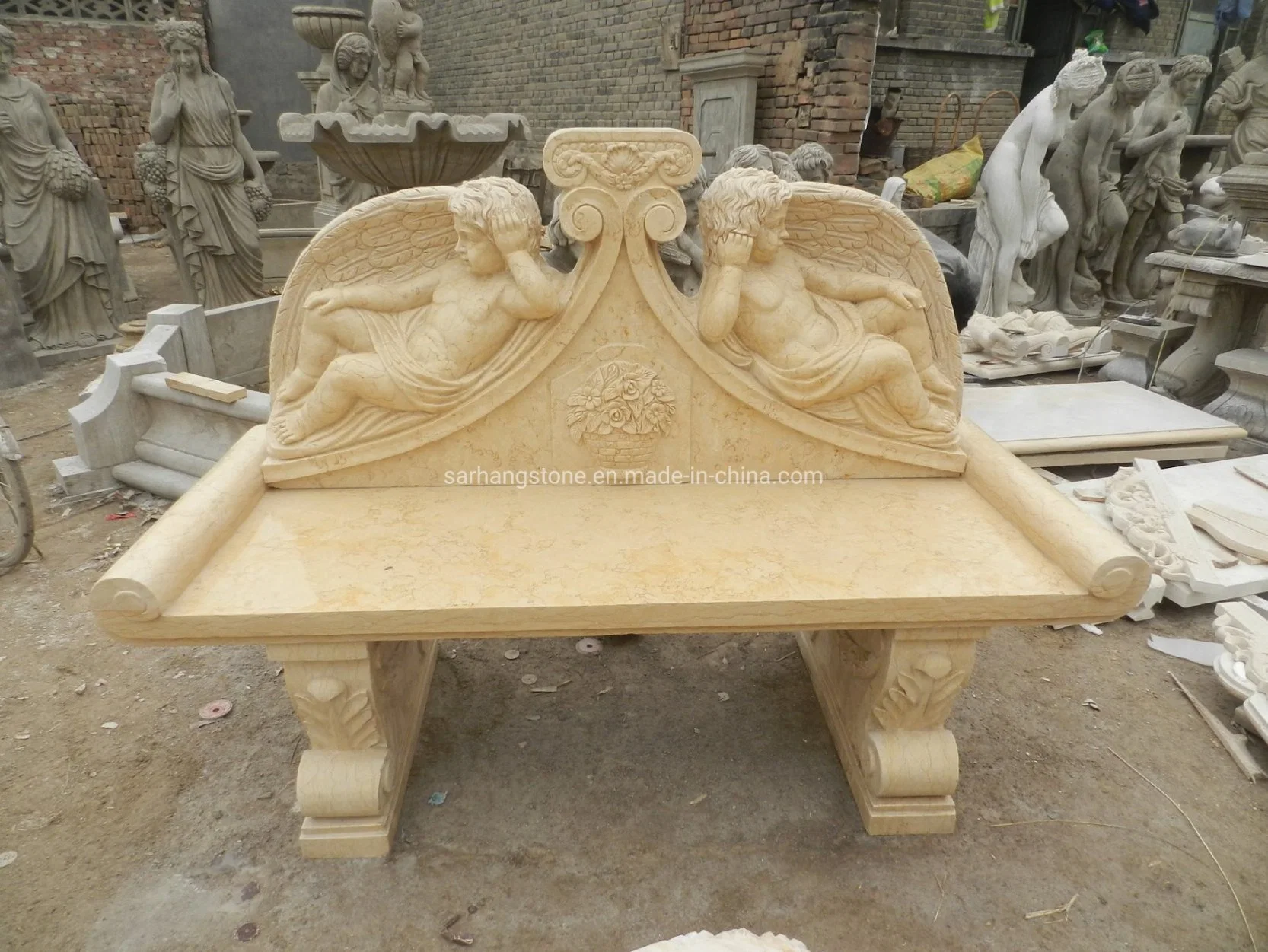 Outdoor Decorative Marble Stone Carved Angel Statue Benches Stone Carve Bench