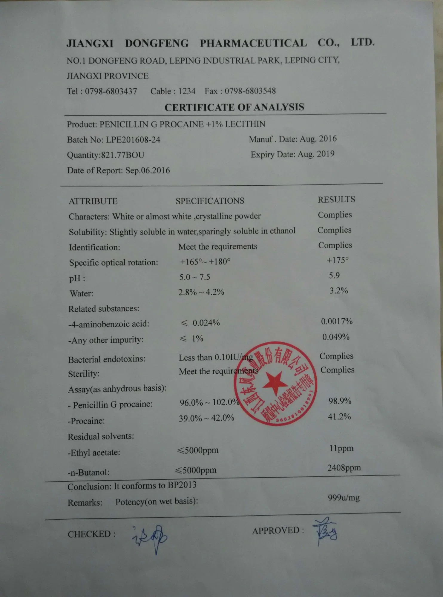 La penicilina G Procaína (estéril) de la API de Buenas Prácticas de Manufactura CAS54-35-3