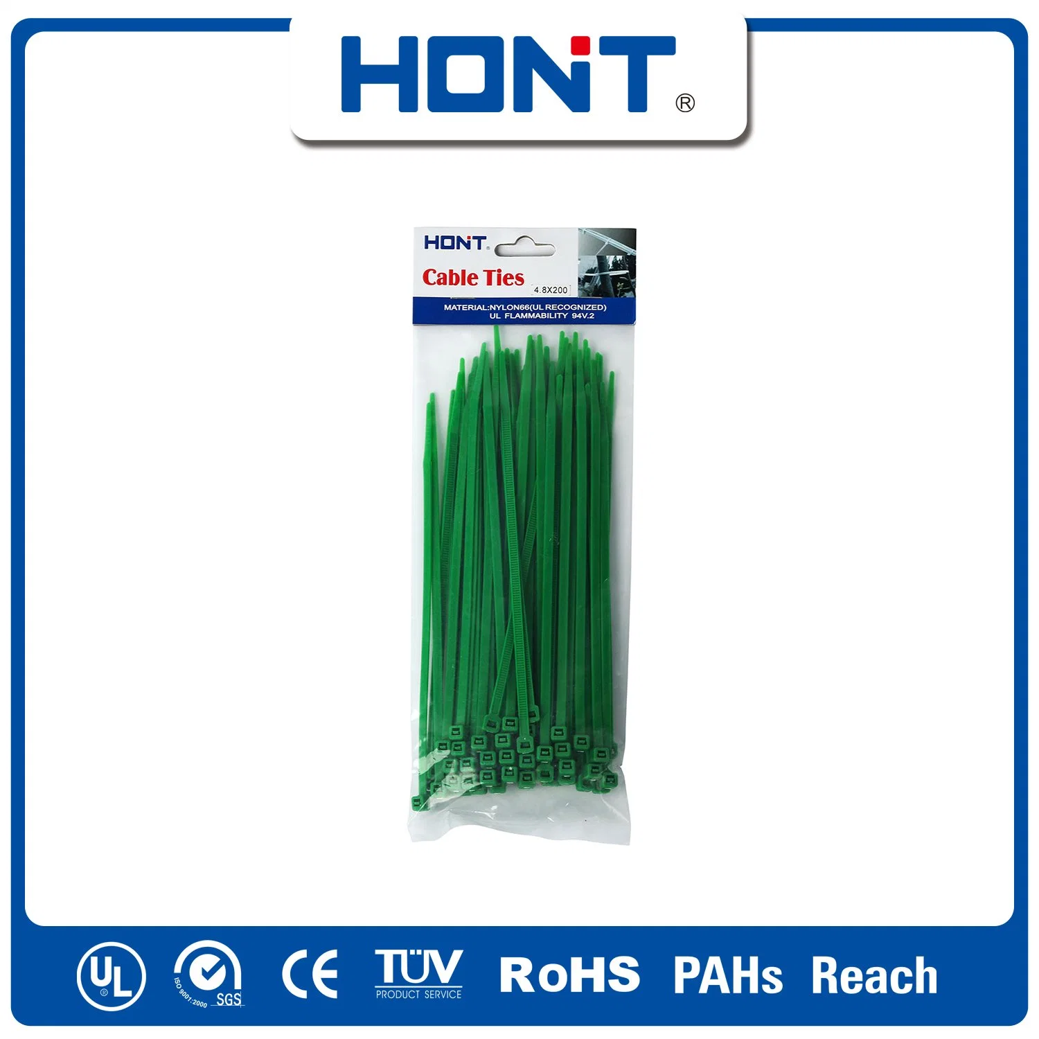 Amarre de autoblocante Hont + bolsa de plástico adhesivo exportar/bandeja de cartón Accesorios de cable de nylon con ISO