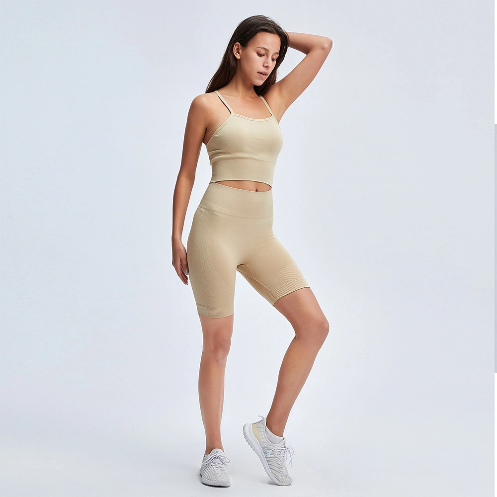 Las mujeres de alta calidad sostén deportivo cortos estriada y desgaste de la Yoga Gimnasio de verano perfecta de 2 piezas Conjunto de cortos