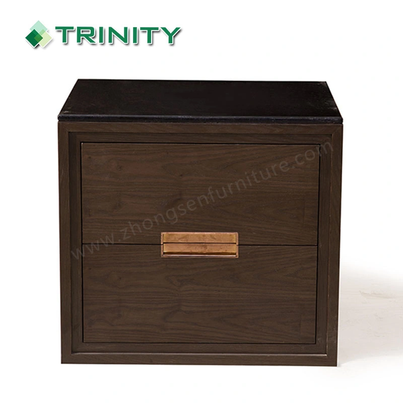 Marble Top Wooden Two Layer Walnut Wood Veneer Bedside Table for Hotel Bedroom