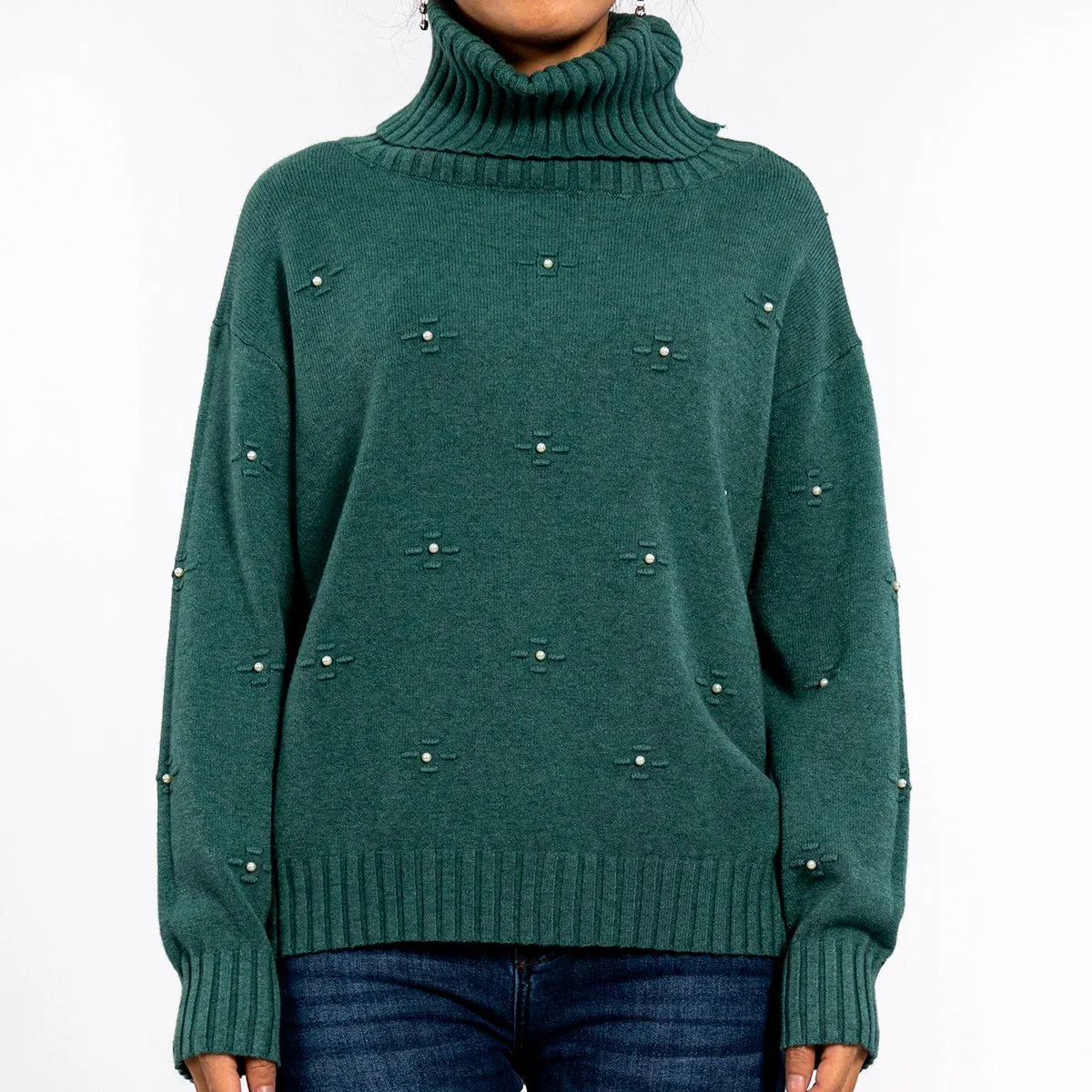 Women's High Neck Three-Dimensional Embroidery Pearl Long-Sleeved Green Sweater Pullover