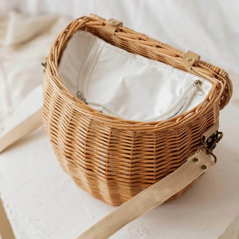 Handmade Round Straw Handwoven Easter Beach Picnic Baskets Rattan Handbags Straw Tote for Women Girls