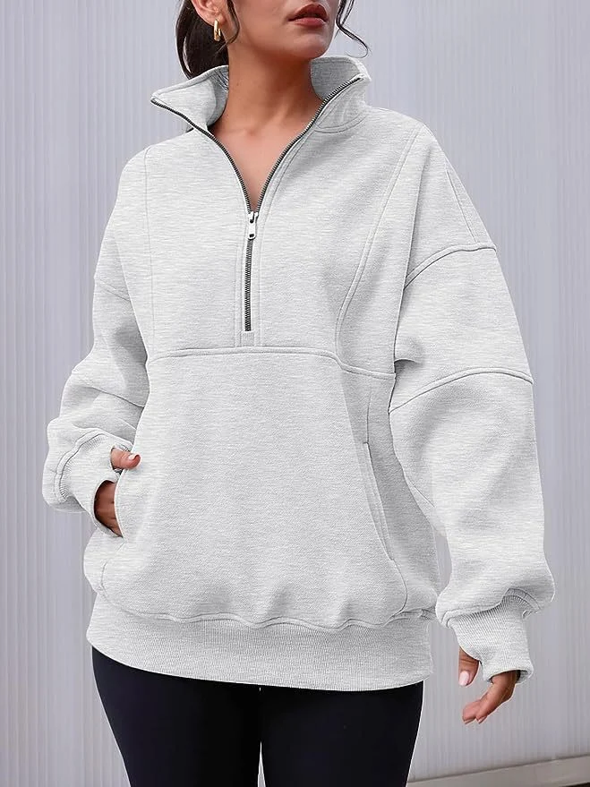 La moitié des femmes Zip Sweat-shirt à manches longues en molleton surdimensionné Hoodies chandails Pockerts décontracté avec